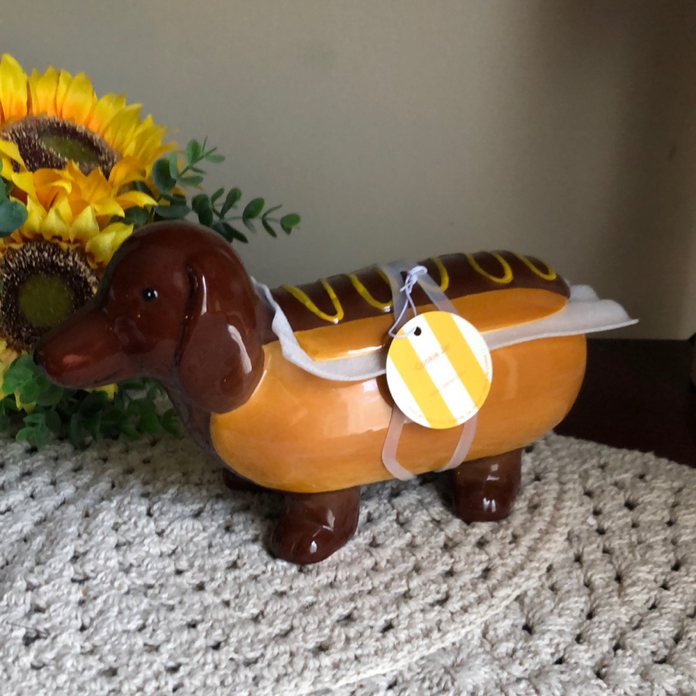 Dachshund Hot Dog Treat Cookie Jar - Brown and Yellow Ceramic